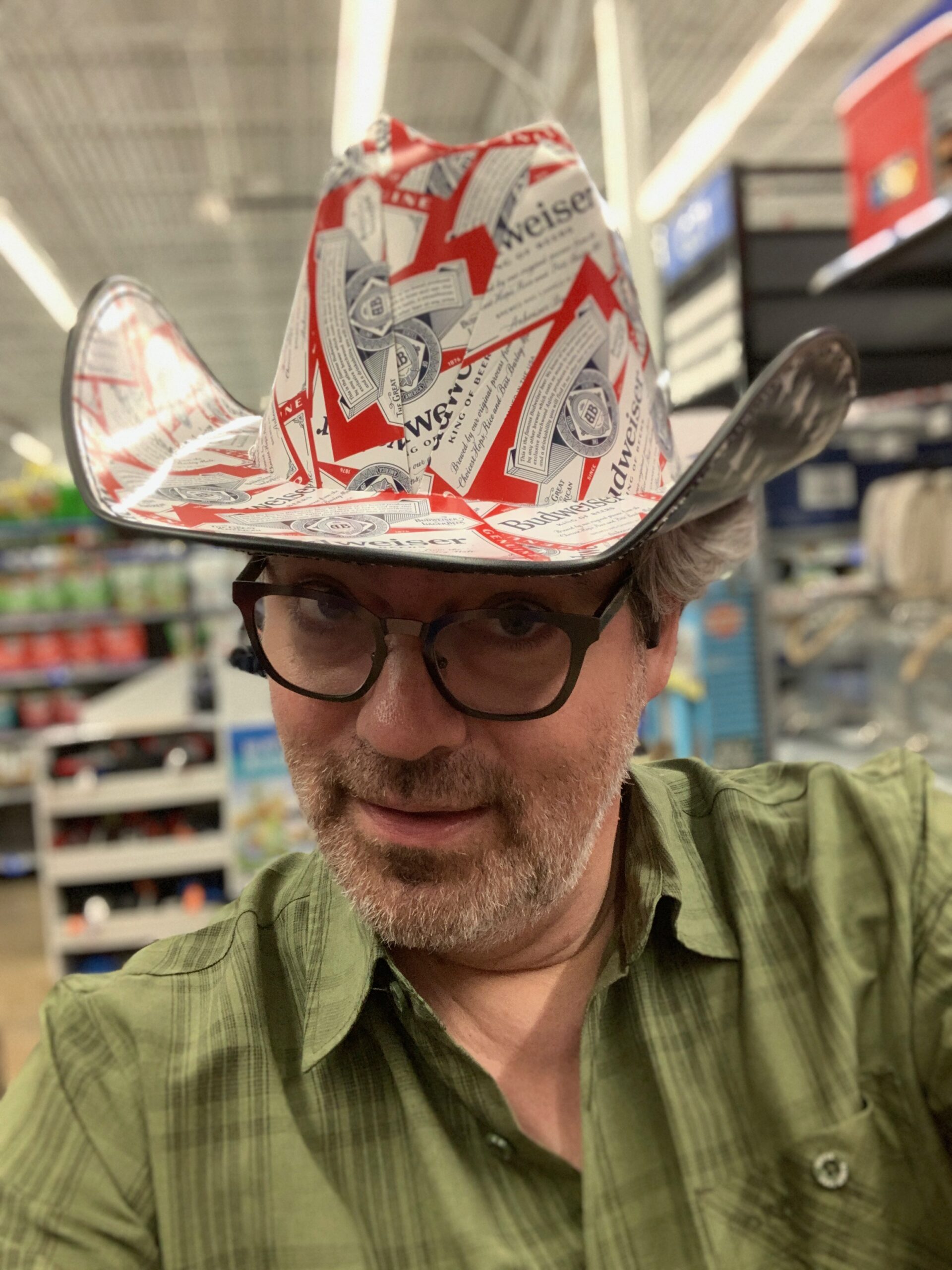 2025 FCF 03 — Budweiser Hat Jonathan wears a cowboy hat with the beer brand "Budweiser" all over it