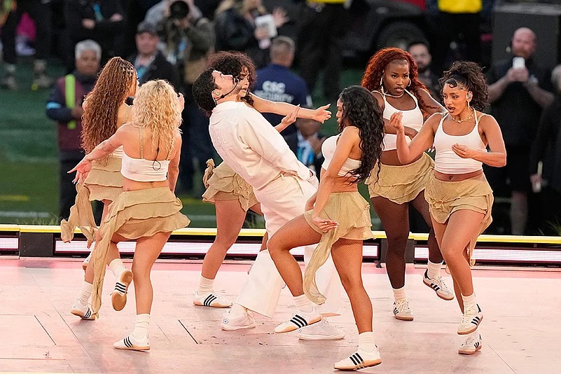 Bad Bunny performs at the 2026 Super Bowl Halftime Show with his backup dancers